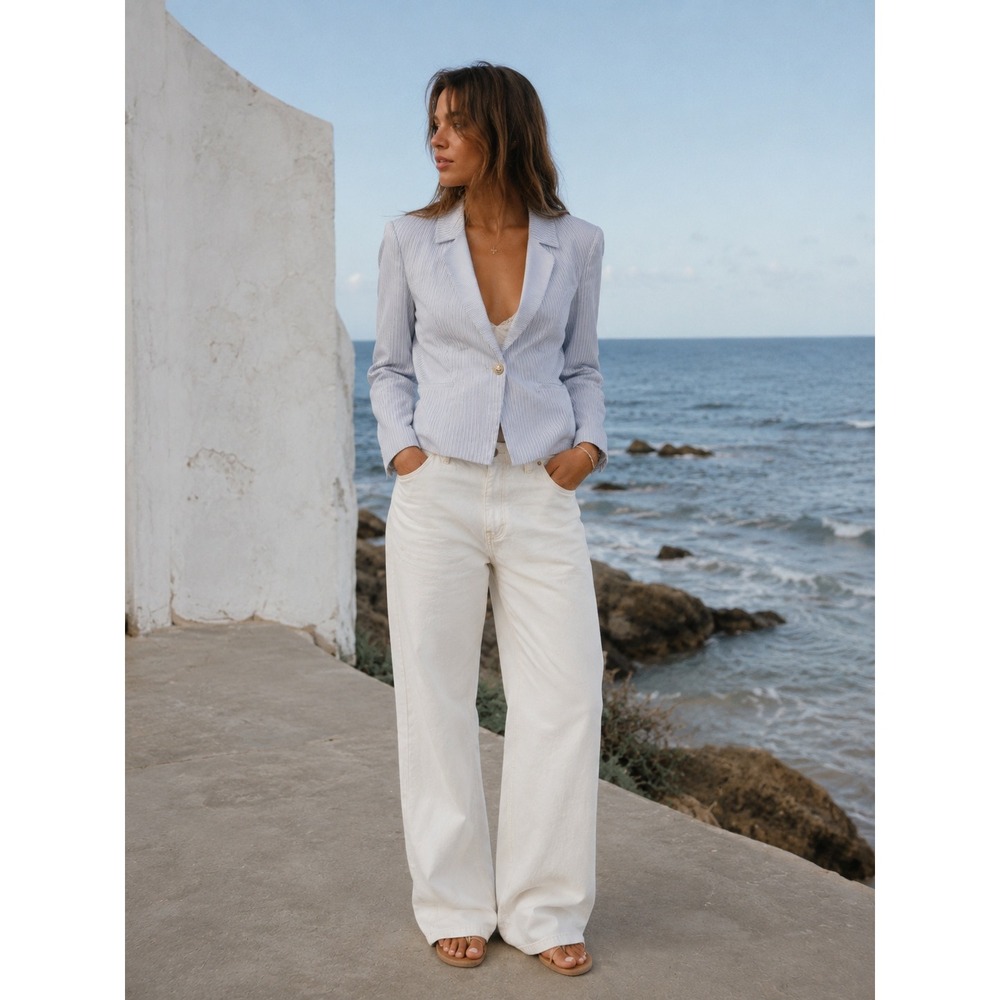 Cremieux Womens Blue White Pinstripe Single Button Blazer Jacket 8 Office summer